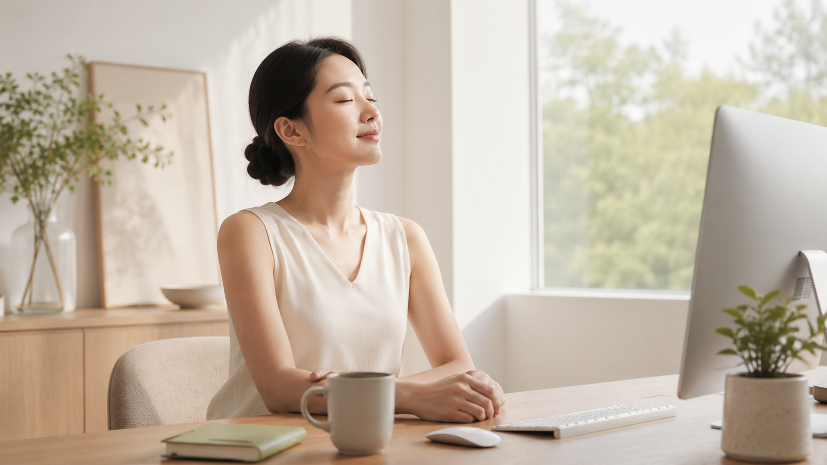 明亮居家环境中在电脑旁闭眼休息的女性。