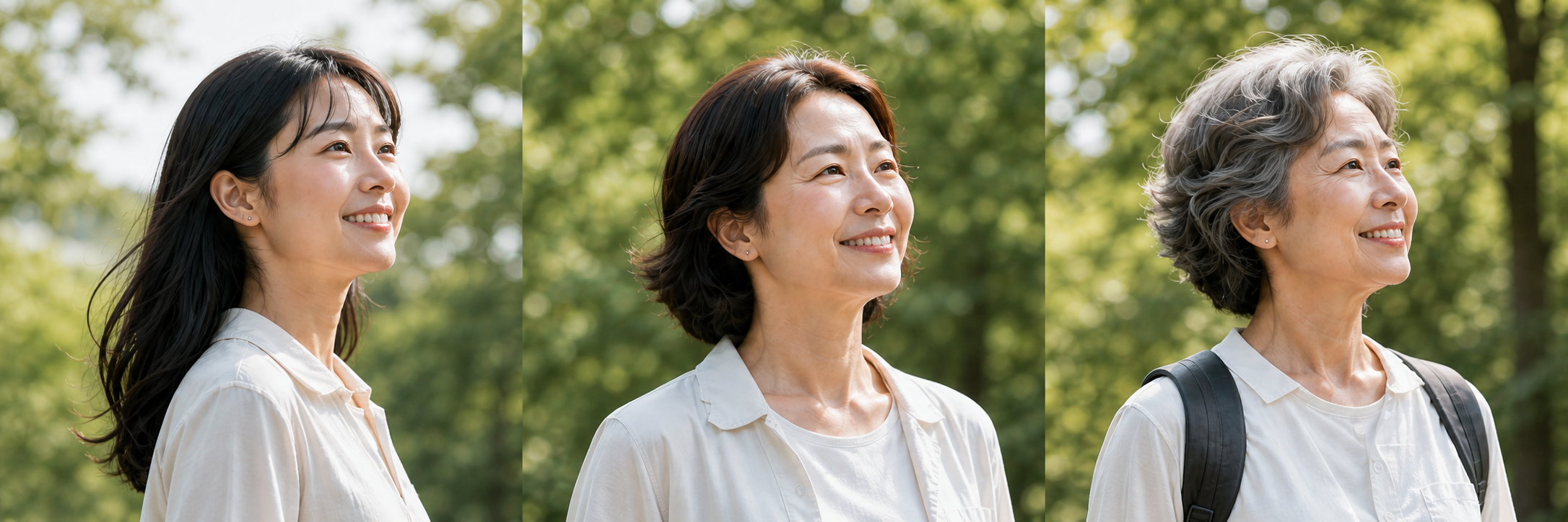 同一位女性从青年、中年到老年的健康年龄变化。