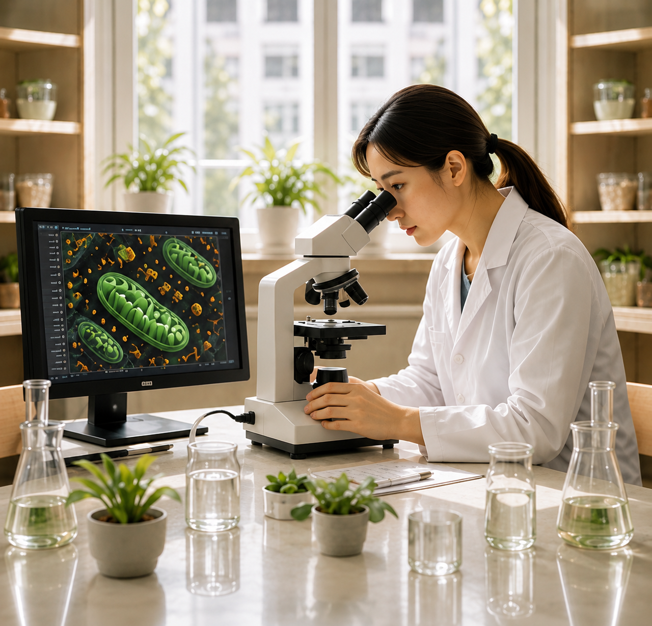 研究人员通过显微镜观察线粒体与氧化应激相关变化，显示器呈现线粒体图像。
